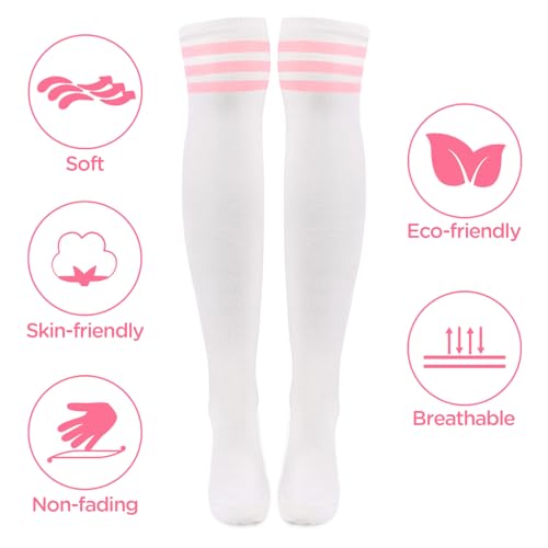 Littleforbig Knee High Thick and Soft School Girl Long Striped Tube Stockings College Style Socks 2 Pairs Set L - White and Pink2