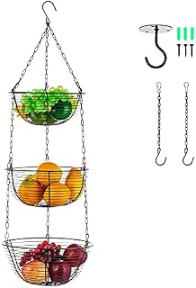 Hanobe Hanging Fruit Basket 3 Tier Metal Wire Basket with Ceiling Hook & 2 Chains Heavy Duty Vegetable Storage for Kitchen Rustic Country Fruit Bowl Organizer Counter Home Space Saving Keeps Veg Fresh