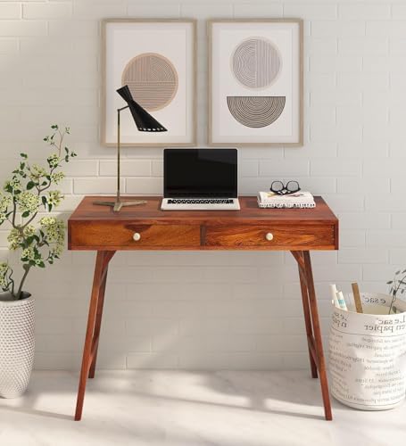Solid Sheesham Wood Study Table with Dual Drawer Storage | Computer and Writing Desk for Home Office Setup | Wooden Laptop Workstation for Adults and Students – Honey Finish D
