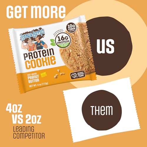 Image of Lenny & Larry's Protein Cookie, Peanut Butter - High Protein Snacks with 16g Plant Protein, 10g Fiber, Soft-Baked, Vegan, Non-GMO | 4oz, Pack of 12