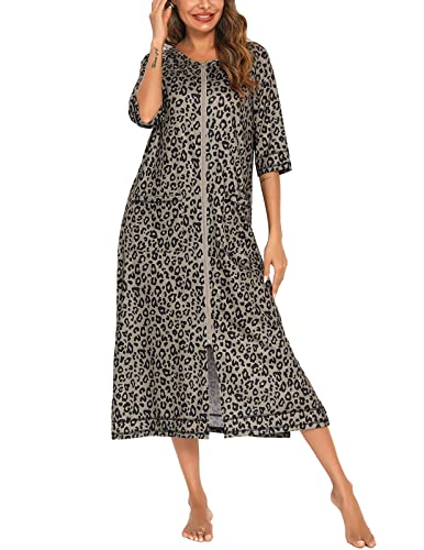 Image of Veseacky Women Robe Zipper Front House Coat 3 /4 Sleeve Nightgown Full Length Ladies Lounge Dress with Pockets S-XXL