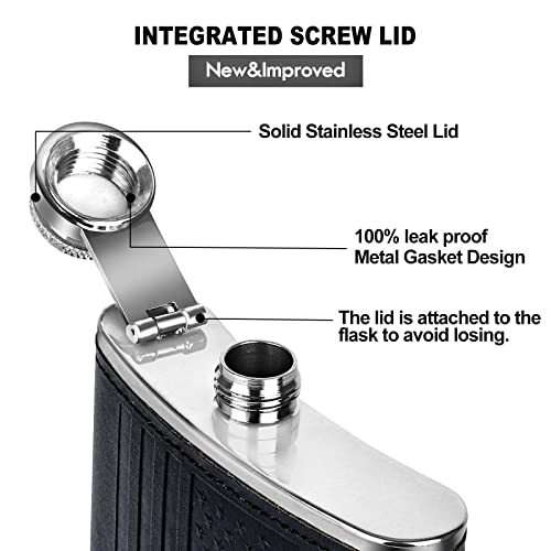 Kwanithink Flask For Liquor For Men, American Flag Leather Hip Flask, Stainless Steel Flask 8 Oz With Funnel, Black Whiskey Flask With Integrated Steel Cap, Father's Day Gift For Men #TOP1