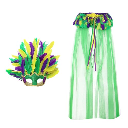 Generisch Masque de carnaval avec plumes et bord à paillettes pour femme - Vert violet doré -...