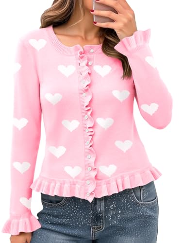 Image of Saodimallsu Womens Ruffle Cardigan Sweaters Button Up Crew Neck Long Sleeve Cropped Sweater Cute Soft Knit Tops