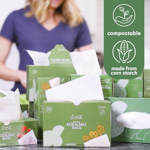 Earth's Natural Alternative 100% Compostable Food Storage Bags, Snack Size, 150 Count, Reusable, Off-White, Plant-based Construction, Resealable, BPA-free, Eco-friendly