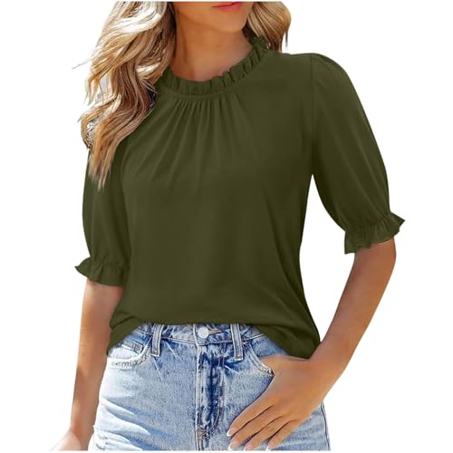 Faux Suede Elbow Patch T-Shirts for Women UK Sale Clearance Frill Mock Neck Puff Short Sleeve Elegant Office Work Blouse Tunic Tops Fluid Twill Smock Detail Shirt Womens Elegant Top, Size S-XXL