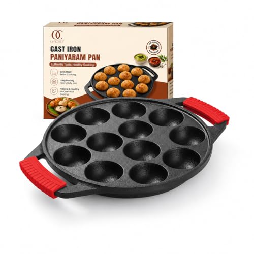 Image of Omichef Pre-Seasoned Cast Iron Paniyaram Pan (RED (Silicone Handle))