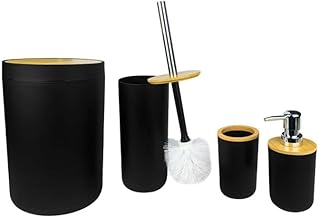 Conjunto para Banheiro Moderno, 6 Peças, Preto com Tampa de Bambu, Inclui Lixeira, Porta Escova, Saboneteira, Suporte para Escova Sanitária (Preto)