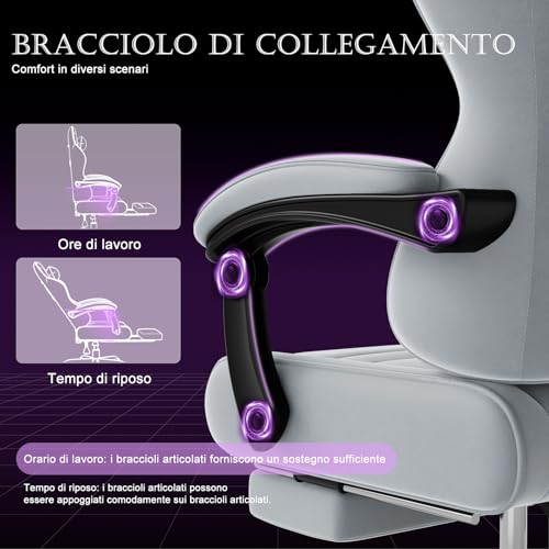 Sedia Gaming in tessuto, Sedia da Ufficio Ergonomica con poggiatesta, Sedie Gamer con cuscino per massaggio lombare, Poltrona Gamer con ruote, poggiapiedi, altezza regolabile,Grigio Chiaro - Sedia gaming - Immagine 8
