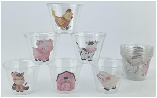 Farm Animals Party Cups, 8 oz Clear Plastic, Set of 12, Pink Barn and Barnyard Animals Design