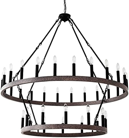SARUDIIR 48 Inch Large Farmhouse Wagon Wheel Chandelier, 2 Tier 36-Light Rustic Round Hanging Light Fixture for High Ceilings Dining Room, Living Room, Entryway, Rust Color and Black