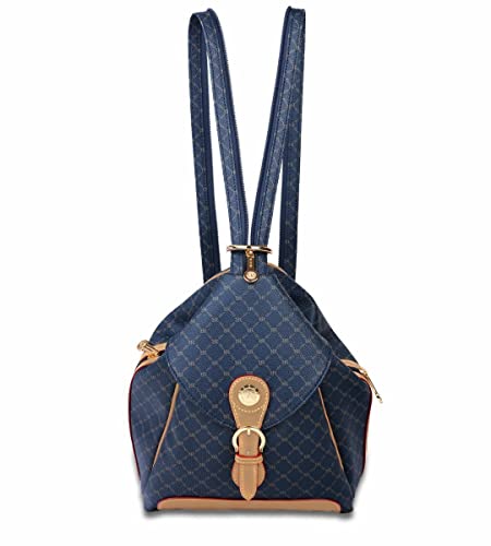 Rioni STA-20082 Designer Signature Navy Blue Canvas Leather Backpack With Zipper Strap