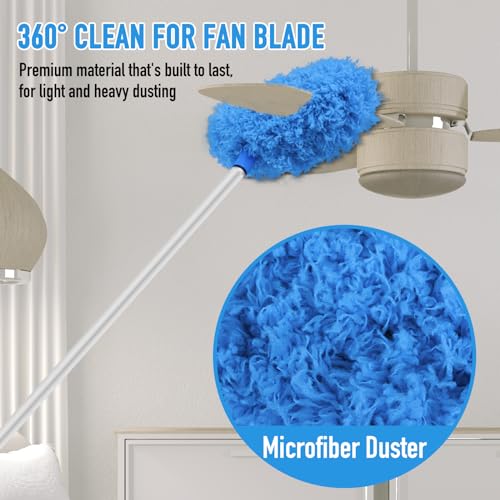 Image of Blue Ceiling Fan Duster - Extended Fan Blade Cleaner, Reusable Microfiber, Adjusts 13 to 55 Inch for Cleaning Walls, Cobweb, Door, Window Top