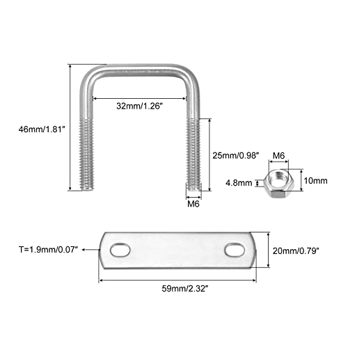 Image of uxcell Square U-Bolts, 3 Sets 32mm(1.26 inch) Inner Width 46mm Length M6 304 Stainless Steel U Clamp Bolt with Nuts and Plates, for Boat Trailer