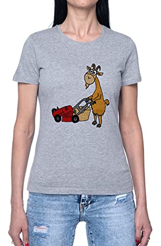 Cabra Paisajismo Cortacésped En Jardín Camiseta para Mujer Gris De Manga Corta Ligera Informal con Cuello Redondo Women's Tshirt Grey XXL