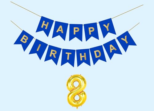 Image of Mystic Toy Store 8th Happy Birthday Decoration Kit Dark Blue for 8 year Old Boys Girls Kids with Number Eight Party Decorations Decor Celebration Items Item Set Combo Reusable Paper Banner