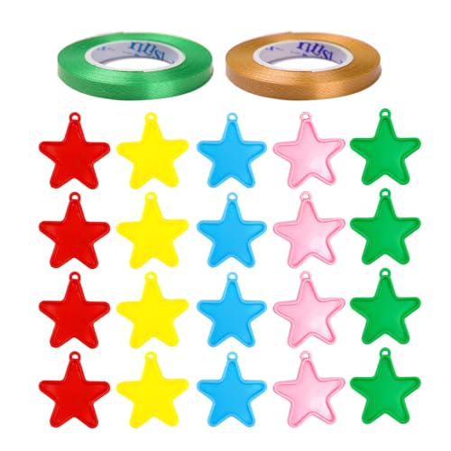 20 pentagonal helium balloon weight pendants with 2 rolls of balloon streamers, plastic helium balloon weight pendants, reusable, perfect for parties and celebrations.