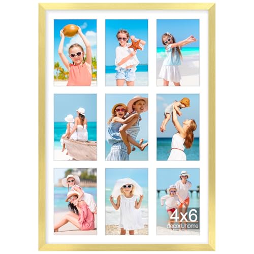 decorUhome 14x20 Picture Frames Collage Wall Decor, Display 9Pcs 4x6 Photos with Mat or 1Pcs 14x20 Unmatted, 9 4x6 Collage Picture Frames for Wall Mounting, Gold