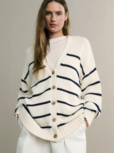 utcoco Women's Striped V Neck Knit Cardigan Baggy Cotton Sweater Timeless & Oversized Fashion Ourwear2
