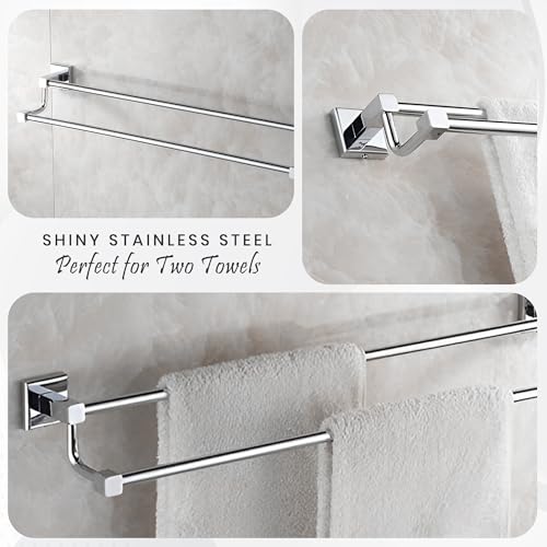 Image of iBELL Stainless Steel Towel Rod 57 cm | Wall-Mounted Double Rail Napkin Holder | Multipurpose Hanger Storage Stand | Bathroom & Kitchen Accessories | Corrosion and Scratch Resistant Towel Rack