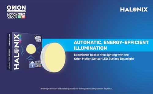 Image of Halonix 10W Rimless Motion Sensor Led Ceiling Light | Warm White Downlighter| No False Ceiling Required | Dia-3.6 inch | Motion Sensor Light | Ceiling Light for Hall, Room,Office| Pack of 10