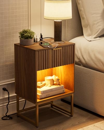 Image of Masupu Fluted Nightstand with Charging Station and LED Lights,Modern Night Stand Wood Bedside Table with Storage Drawer Side End Table for Bedroom,Office,Walnut Brown