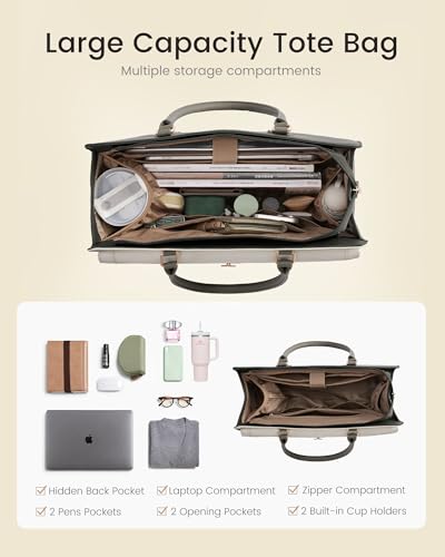 Image of LOVEVOOK Laptop Tote Bag for Women, PU Leather Work Bag, Teacher Tote | with Large Cup Holder, Waterproof Vintage Briefcase for Business Travel & Commute, Magnetic Snap, Padded Laptop Pocket