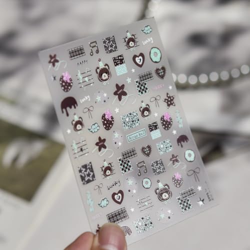 Image of Chestnut Bear Nail Stickers 5D Embossed Nail Art Decal Cartoon Nail Charms | Fall Nail Decals with Music Notes, Plaid, Donut & Star Patterns, Design Self-Adhesive Stickers, for Women Daily DIY Manicure