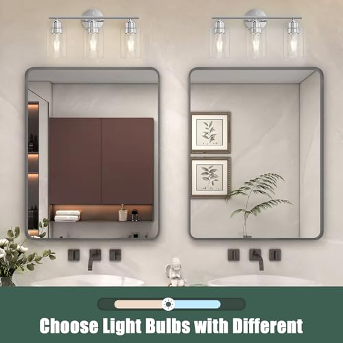 Image of Bathroom Vanity Light Fixtures Polished Chrome Bathroom Lighting Fixture, 3 Lights Bathroom Light Fixture Over Mirror, Modern Black Vanity Light, Wall Sconces with Glass Shades