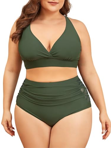 Century Star Bikini Damen Bauchweg Große Brüste Badeanzug V Ausschnitt Bademode Bauchkontrolle Bikini Sets High Waist Armeegrüne 2XL