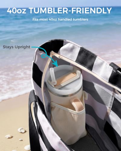 Image of WANDF Beach Bags for Women, Large Waterproof Sandproof Beach Tote Bag with Zipper Family Pool Bags with 40oz Tumbler Pocket, Swim Cruise Vacation Essentials (Black)