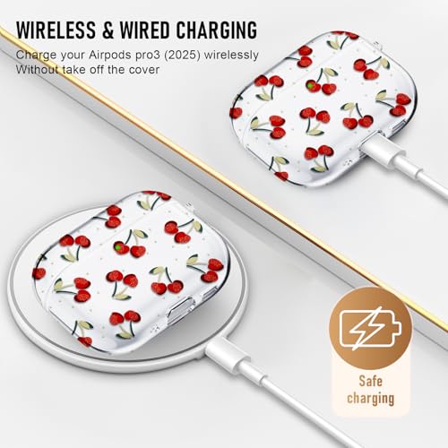 Image of Compatible Airpods Pro 3 Case (2025),Soft Cute Cherry Print Silicone Protective Cases for Apple AirPods Pro 3rd Generation Case,Airpod Pro 3 Cover with Keychain&Cleaner Kit for Women /Girls,Cherry