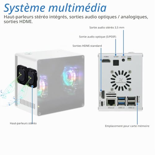 Freenove NAS Case for Raspberry Pi 5 (Not Included), Quad M.2 NVMe SSD Slots, PWM ARGB Fans Light Sync, CPU Tower Cooler, Built-in Stereo Speakers, 3.5 mm and Optical Audio (S/PDIF) Outputs – vue 6