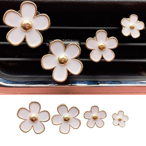 Image of 4PCS Car Daisy Flower Air Vent Clip, Cute Auto Outlet Air Conditioning Clip, Sweet Girly Vehicle Fresheners Gift for Women Girls, Car Interior Decor Universal Fit (White, Vanilla)