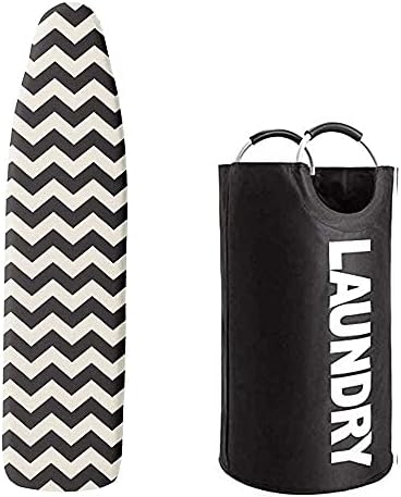 Gorilla Grip Ironing Board Cover and Laundry Basket, Ironing Board Cover Size 15x54 in Chevron Black Linen, Laundry Basket 15 L x 28 H in Black, 2 Item Bundle