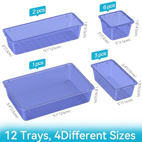 Image of ElegantArray 12 PCS Drawer Organizer Set, 4 Sizes Tool Storage Trays, Clear Plastic Makeup Vanity Organizer and Storage Bins for Stationeries, Multiple Gadgets for Office, Bedroom, Navy Blue