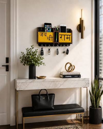 Image of Jai Shree Ram Key Holder Wooden Key Holder Stand for Home Wall, Office, Hall, Living Room, Bedroom Stylish Designer, Home Decor Two Pocket Mobile Charger and Pan Stand 8 Hooks MDF Brown