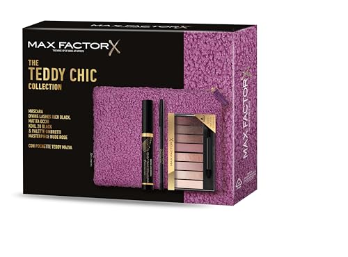 Max Factor, Cofanetto Regalo Donna Teddy Chic, Pochette in morbido tessuto teddy con Mascara Divine Lashes + Matita Occhi Khol Kajal 20 Black+ Palette Ombretti Masterpiece Nude Rose