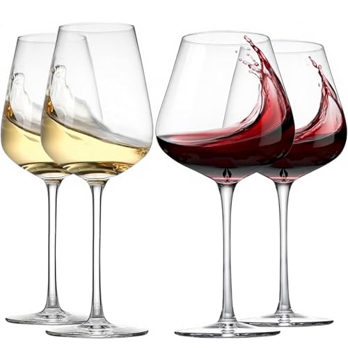 Physkoa Red and White Wine Glasses Set of 4, (22oz,14oz) Hand Blown Crystal Glasses - Large Burgundy Glasses- Wedding Housewarming Christmas Mother's Day Gifts
