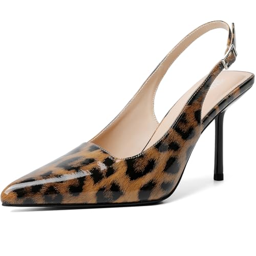 RIBONGZ Slingback Heels for Women Closed Pointed Toe Leopard Print Heels Ankle Strap Stiletto High Heeled Sexy Pumps Wedding Bride Guest Party Evening Prom Formal Herls Dressy Shoes 8