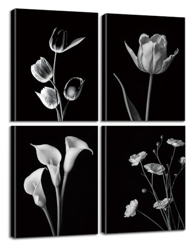 Set of 4 Black and White Flower Plant Wall Art