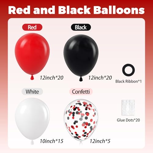 Image of 60pcs Red and Black Balloons 12inch, Red Black and White Balloons with Confetti Balloon for Wedding Graduation New Year Eve Birthday Party Decorations