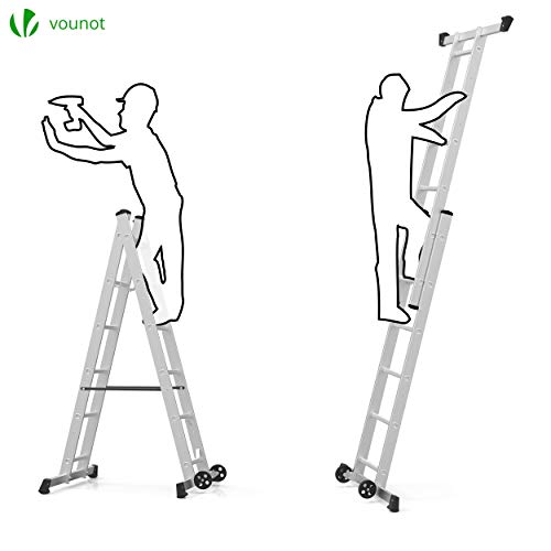 VOUNOT Alu Gerüst & Mehrzweckleiter 3-in-1, Rollgerüst, Treppenleiter, Arbeitsbühne klappbar, Baugerüst – Belastbar bis 150 kg, Silber