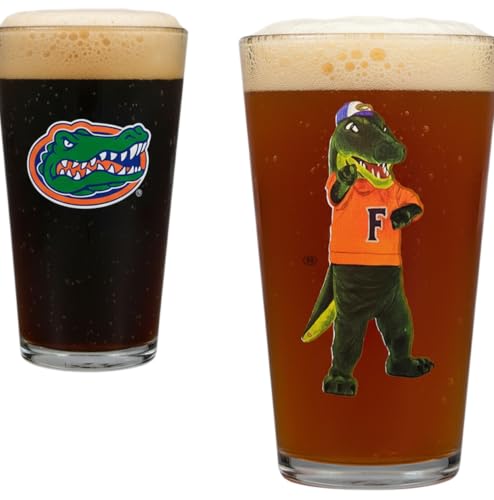 Valiant Gifts University of Florida 16 oz Pint Glass Drinkware - Unique Mascot Artwork Screened with College Logo on Back - Great Holiday or Graduation Gift Idea for Men and Women