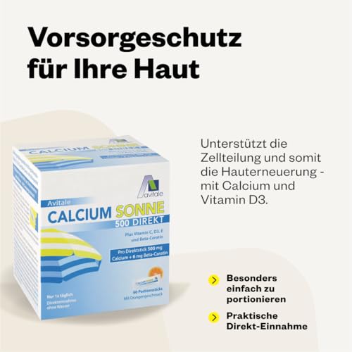 Avitale Calcium Sonne 500 Direkt - Zur Vorbereitung Ihrer Haut auf die Sonne mit 500 mg Calcium und 6 mg Beta-Carotin plus Vitamin C, D3 und E, 150 g