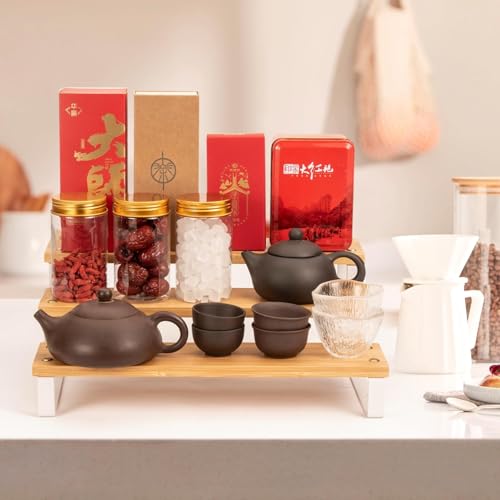 Image of 3 Tier Wooden Spice Rack for Kitchen Countertop -Step Shelf Organizer for Spices, Jars & Condiments | Metal Frame Wood Shelf For Counter Storage - Walnut (35 x 24 x 15 cm)