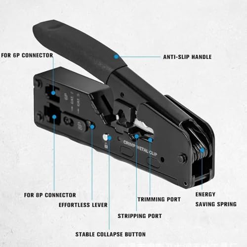 Image of XIKKART RJ45 Crimping Tool Kit, Passthrough Cat7 Cat6A Cat6 Cat5E Cat5 RJ45 Ethernet Crimp Tool with 10PCS Cat7 Pass Through Connectors 10PCS Cat6 Pass Through Connectors 10PCS Covers 1 Network Tester