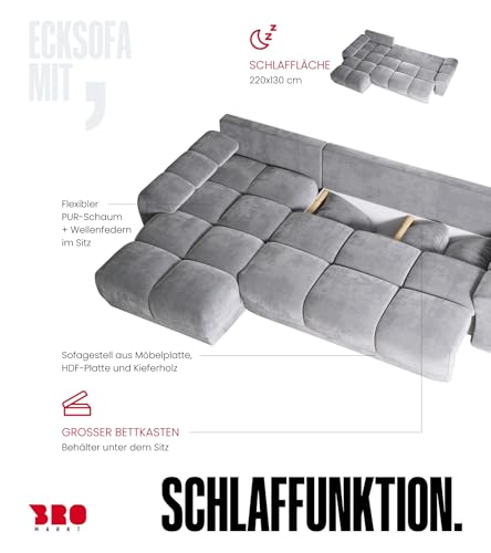 BROMARKT Ecksofa mit Schlaffunktion und Bettkasten Sofa L Form Couch 294x184 cm Fünfsitzer Wohnzimmer Eckcouch Bettsofa Schlafsofa Wohnlandschaft NUBES Grau