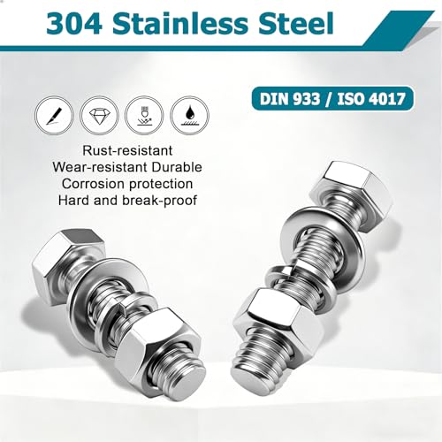 PDKKFF 12 Stück Sechskantschrauben M10x25mm DIN 933, A2 V2A Sechskantkopfschrauben Edelstahl Schrauben M10 Maschinenschrauben mit Mutter Unterlegscheiben und Federringe für Möbel Autos DIY (Silber)