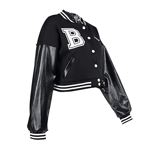 Women Cropped Varsity Jacket Colorblock Letterman Baseball Jacket Y2K Streetwear Black S #TOP3